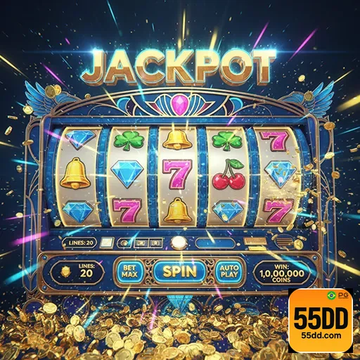Imagem de um jogo de slots no site 55dd, com destaque para as máquinas de caça-níqueis e opções de diversão.